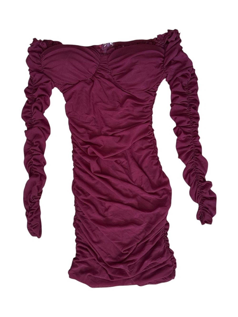 Windsor Burgundy Mesh Ruched Off Shoulder Long Sleeve Mini Dress Small